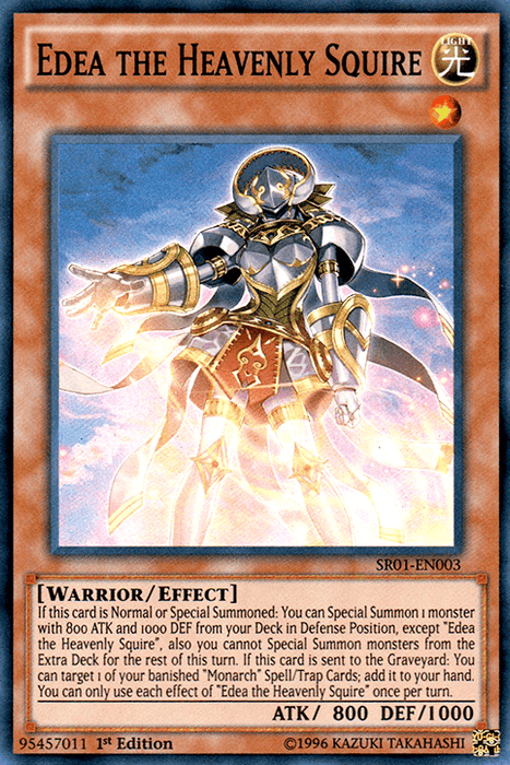 A Yu-Gi-Oh! trading card named "Edea the Heavenly Squire [SR01-EN003] Super Rare." This Super Rare card features a regal, armored warrior with a cape and glowing orbs. As an Effect Monster of the LIGHT attribute and Warrior type, it has 800 ATK, 1000 DEF, and abilities related to Monarch Spell/Trap Cards.