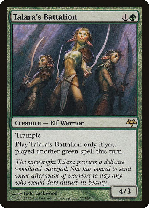 A Magic: The Gathering card titled "Talara's Battalion [Eventide]" features three elf warriors with glowing swords and armor, set against a dramatic Woodland Waterfall. The card costs 1 generic and 1 green mana, has trample, and a power/toughness of 4/3. The text details casting restrictions and lore.