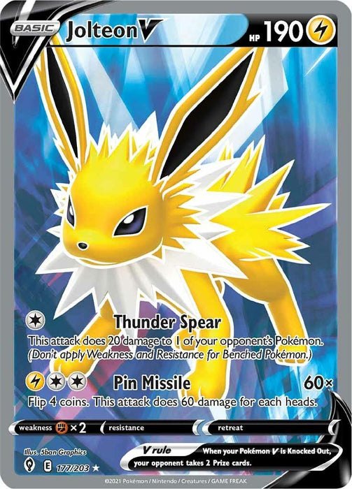 A Pokémon Jolteon V (177/203) [Sword & Shield: Evolving Skies] card. This Ultra Rare card depicts Jolteon, an electric yellow fox-like creature with spiky fur and white collar, surrounded by electricity. With 190 HP, it has two attacks: Thunder Spear and Pin Missile. The brand name is Pokémon.