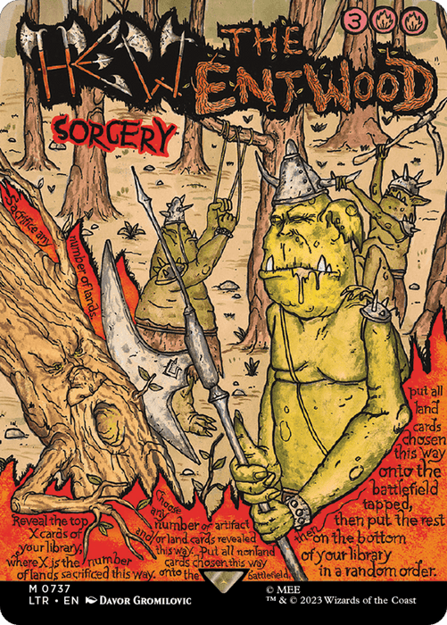 A fantasy-themed card titled "Hew the Entwood (Borderless Poster)" from The Lord of the Rings: Tales of Middle-Earth set by Magic: The Gathering. The illustration depicts a green, horned creature holding a staff and wearing a pointed helmet. Background elements include trees with faces and magical symbols. Text around the card details its mythic sorcery abilities.