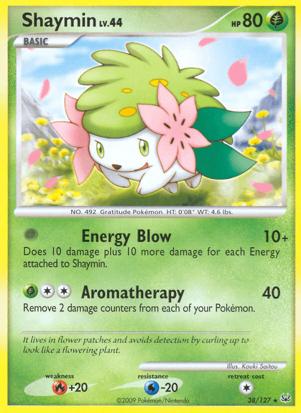 A Pokémon Shaymin (38/127) [Platinum: Base Set] from the Platinum series featuring Shaymin at level 44 with 80 HP. The Base Set card boasts two attacks: Energy Blow and Aromatherapy. The illustration depicts Shaymin, a hedgehog-like creature with green grass on its back and flowers, against a yellow-green background with light green accents and text.