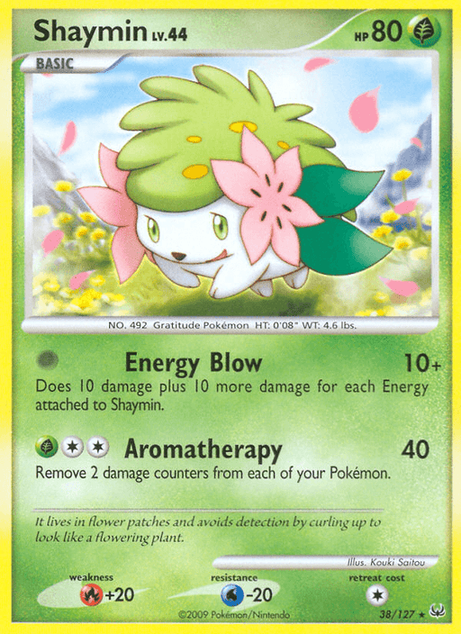 A Pokémon Shaymin (38/127) [Platinum: Base Set] from the Platinum series featuring Shaymin at level 44 with 80 HP. The Base Set card boasts two attacks: Energy Blow and Aromatherapy. The illustration depicts Shaymin, a hedgehog-like creature with green grass on its back and flowers, against a yellow-green background with light green accents and text.