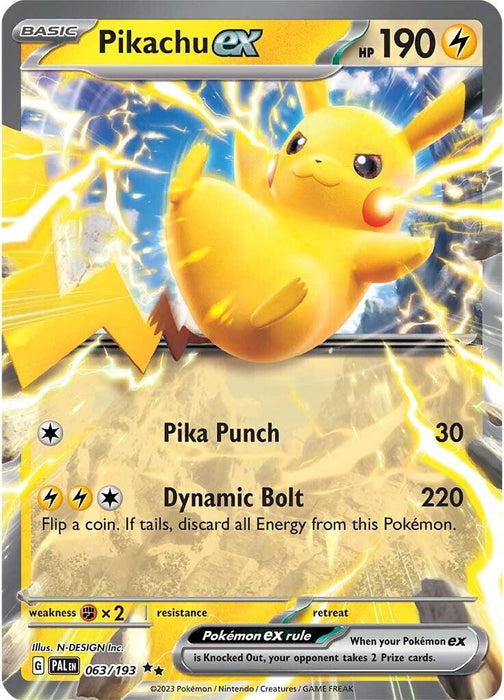 A Pokémon trading card from the Scarlet & Violet series featuring Pikachu ex (063/193) [Scarlet & Violet: Paldea Evolved] with 190 HP. Pikachu is depicted in a dynamic, electric pose. Moves include "Pika Punch" and "Dynamic Bolt." The card displays energy symbols, its weakness, resistance, retreat cost, and boasts a Paldea Evolved Lightning Rarity.