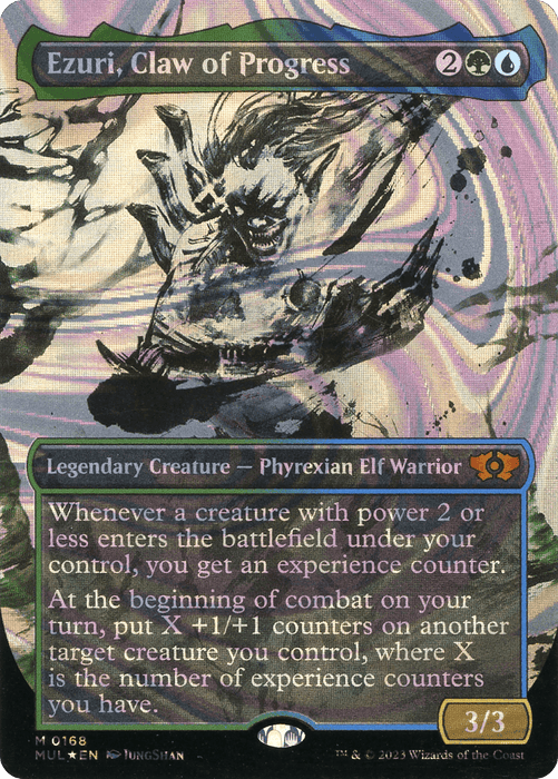 A Magic: The Gathering card titled "Ezuri, Claw of Progress (Halo Foil) [Multiverse Legends]" showcases a dark, ethereal figure with a claw-like hand amidst swirling, ominous colors. This Legendary Creature - Phyrexian Elf Warrior resides within green-blue borders, with the text box detailing its abilities through the Multiverse Legends.