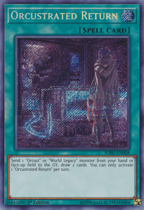 A Yu-Gi-Oh! Normal Spell card titled **Orcustrated Return [SOFU-EN058] Secret Rare**. The artwork depicts a figure with dark cloak and armor standing before a futuristic, glowing console with intricate machinery. The spell card's border is teal, and the set information and card text are printed in white. Part of the Soul Fusion set.