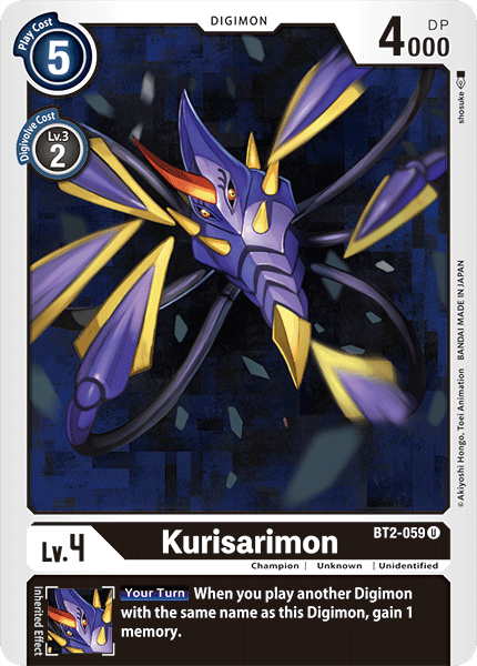 A digital trading card from the Special Booster series features Kurisarimon, a mechanical spider-like Digimon with purple armor, yellow claws, and glowing red eyes. The Uncommon card displays Kurisarimon's stats: Play Cost 5, Evolution Cost 2, DP 4000, Lv.4. Text reads, "When you play another Digimon with the same name as this Digimon." The product is Kurisarimon [BT2-059] [Release Special Booster Ver.1.0] by Digimon.