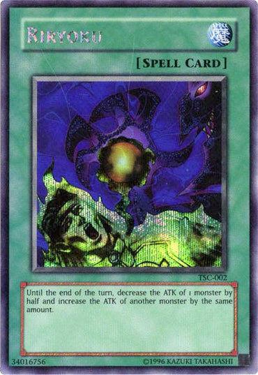 The Yu-Gi-Oh! Secret Rare card "Riryoku (The Sacred Cards) [TSC-002]" features captivating artwork of a swirling green and purple vortex surrounding a monster. This Normal Spell Card's effect lets you halve the ATK of one monster and increase another's by the same amount until the end of the turn, reminiscent of classic video game tactics.