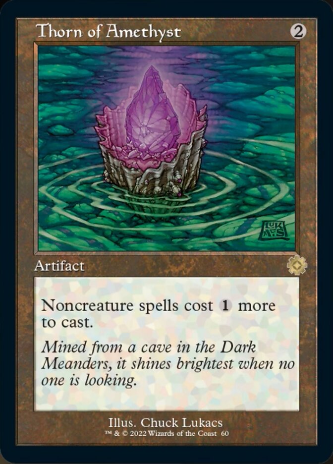 Thorn of Amethyst (Retro)" from Magic: The Gathering's "The Brothers' War Retro Artifacts" features crystalline amethyst thorns above rippling water. The card text reads, "Noncreature spells cost 1 more to cast," with flavor text exploring its enigmatic origins. Art by Chuck Lukacs.