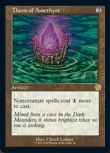 Thorn of Amethyst (Retro)" from Magic: The Gathering's "The Brothers' War Retro Artifacts" features crystalline amethyst thorns above rippling water. The card text reads, "Noncreature spells cost 1 more to cast," with flavor text exploring its enigmatic origins. Art by Chuck Lukacs.