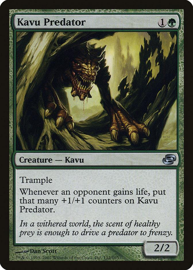 The Kavu Predator card from Magic: The Gathering's Planar Chaos set features a formidable creature with sharp teeth and claws emerging from a forest. It costs one green and one colorless mana to play, possesses Trample, and gains +1/+1 counters whenever an opponent gains life. The card has a Power/Toughness of 2/2.