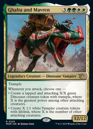 The image is of a Magic: The Gathering product titled "Ghalta and Mavren [March of the Machine]." It is a Legendary Creature card of type "Dinosaur Vampire" with a casting cost of 3 generic mana, 2 green mana, and 2 white mana. The card's abilities include trample and two effects that trigger upon attack. Its power and