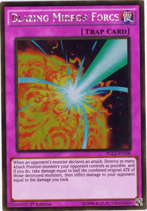 Image of a Yu-Gi-Oh! trading card titled "Blazing Mirror Force [PGL3-EN100] Gold Rare." This Gold Rare Trap Card featured in Premium Gold: Infinite Gold has a purple border. The artwork depicts a fiery explosion with intricate patterns. The effect text explains that it destroys attacking opponent's monsters and inflicts damage to the opponent.