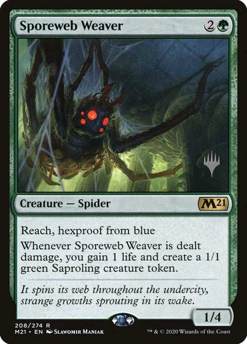 A Magic: The Gathering card titled "Sporeweb Weaver (Promo Pack) [Core Set 2021 Promos]." This rare creature shows a menacing spider with red eyes and elongated limbs against a dark web backdrop. From the Core Set 2021, marked as 208/274, with a mana cost of 2G, it has Reach, hexproof from blue, and generates life and Saproling tokens when damaged.