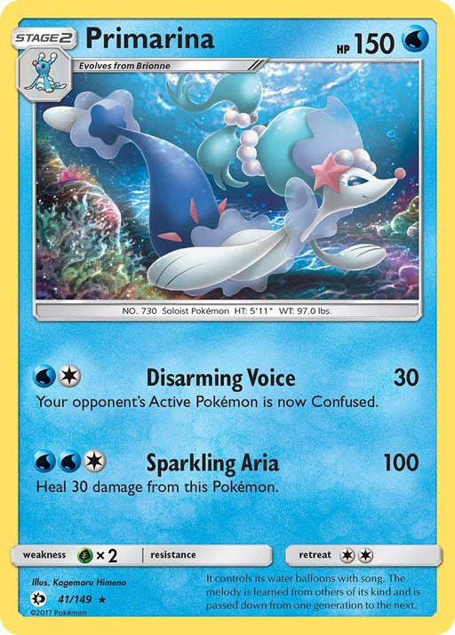 A Pokémon Primarina (41/149) (Theme Deck Exclusive) [Sun & Moon: Base Set]. Primarina is a Stage 2 Water-type Pokémon with 150 HP. This Holo Rare card showcases two attacks: Disarming Voice, which confuses the opponent's Pokémon, and Sparkling Aria, which heals 30 damage. The card has a blue border and detailed artwork.
