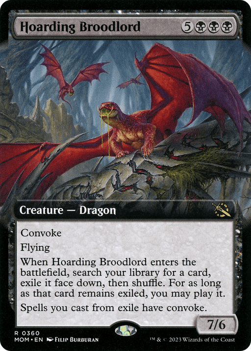 A Magic: The Gathering card titled "Hoarding Broodlord (Extended Art) [March of the Machine]" from the March of the Machine set. This Creature — Dragon, with a mana cost of 5 generic and 3 black, depicts a dragon with red wings and scales flying over a dark landscape. It boasts 7 power, 6 toughness, Convoke, Flying, and the ability to exile and play cards. Edition