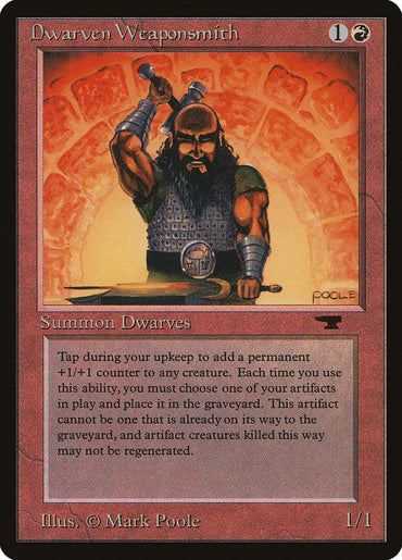 The "Dwarven Weaponsmith" card from the Antiquities set of Magic: The Gathering showcases a muscular Dwarf Artificer wielding a large hammer, set against a stone archway background. This red card requires one colorless and one red mana to cast and grants the ability to add a +1/+1 counter to creatures. The illustration is crafted by Mark Poole.