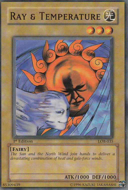 The Yu-Gi-Oh! trading card titled "Ray & Temperature [LOB-035] Common" from The Legend of Blue Eyes White Dragon set is a Normal Monster featuring the Sun with an intense glare and the North Wind with a calm, pale face. This devastating combination delivers heat and gale-force winds, boasting 1000 attack and defense points.