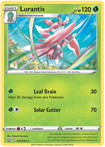 A rare Pokémon card featuring Lurantis (015/163) [Sword & Shield: Battle Styles] by Pokémon. The yellow-green background with a silver border highlights the Grass-type Lurantis, boasting a pink and white floral appearance as it basks in sunlight. With 120 HP, its two moves – "Leaf Drain" (30 damage) and "Solar Cutter" (70 damage) – are displayed in the bottom-left area from the Battle Styles series.