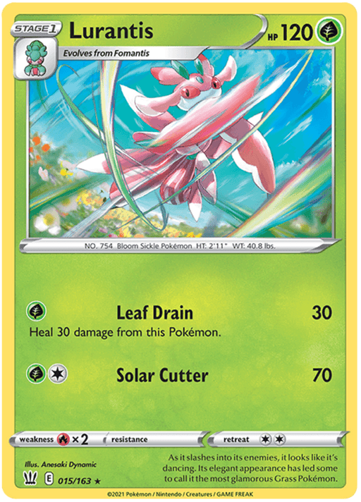 A rare Pokémon card featuring Lurantis (015/163) [Sword & Shield: Battle Styles] by Pokémon. The yellow-green background with a silver border highlights the Grass-type Lurantis, boasting a pink and white floral appearance as it basks in sunlight. With 120 HP, its two moves – "Leaf Drain" (30 damage) and "Solar Cutter" (70 damage) – are displayed in the bottom-left area from the Battle Styles series.