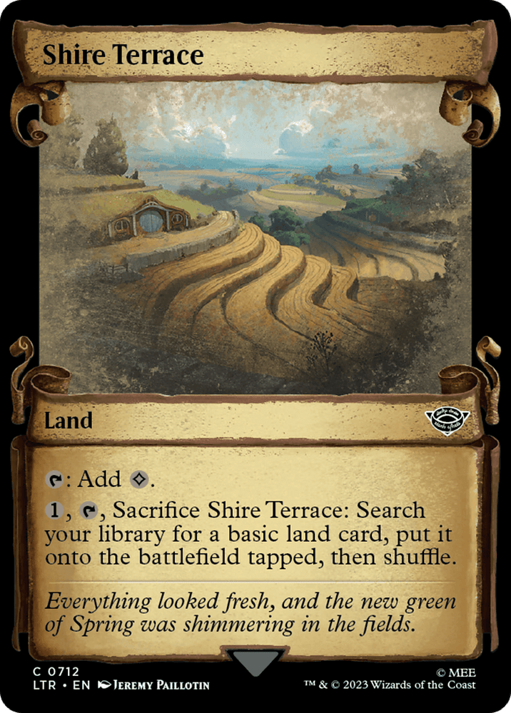 A Magic: The Gathering card named "Shire Terrace [The Lord of the Rings: Tales of Middle-Earth Showcase Scrolls]." The card's artwork depicts a serene, hilly landscape with vibrant green fields and twisted paths leading to hobbit-like homes nestled into the hills. The card text describes its land-related abilities and a flavor text about Spring's new green, reminiscent of Tales of Middle-Earth.