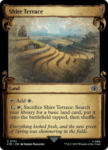 A Magic: The Gathering card named "Shire Terrace [The Lord of the Rings: Tales of Middle-Earth Showcase Scrolls]." The card's artwork depicts a serene, hilly landscape with vibrant green fields and twisted paths leading to hobbit-like homes nestled into the hills. The card text describes its land-related abilities and a flavor text about Spring's new green, reminiscent of Tales of Middle-Earth.