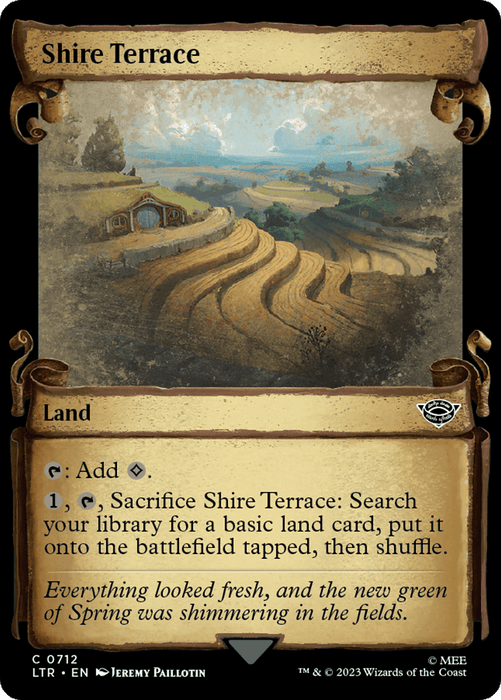 A Magic: The Gathering card named "Shire Terrace [The Lord of the Rings: Tales of Middle-Earth Showcase Scrolls]." The card's artwork depicts a serene, hilly landscape with vibrant green fields and twisted paths leading to hobbit-like homes nestled into the hills. The card text describes its land-related abilities and a flavor text about Spring's new green, reminiscent of Tales of Middle-Earth.