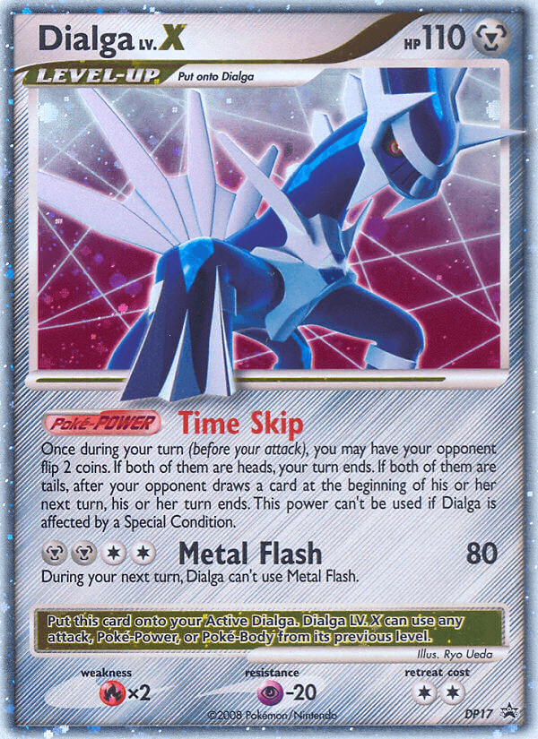 Introducing the Dialga LV.X (DP17) card from the Pokémon Diamond & Pearl: Black Star Promos series. This special card features Dialga, a blue, dragon-like Pokémon encased in metallic armor with glowing accents. With 110 HP, its dynamic artwork captures attention and includes the moves 