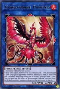 The image shows a Yu-Gi-Oh! trading card named "Knightmare Phoenix [GEIM-EN051] Rare." The card features an illustration of a fiery phoenix with outstretched wings, surrounded by flames and a magical aura. The card has a blue border and contains text describing its attributes, Link Summoning requirements, and effects on co-linked monsters.