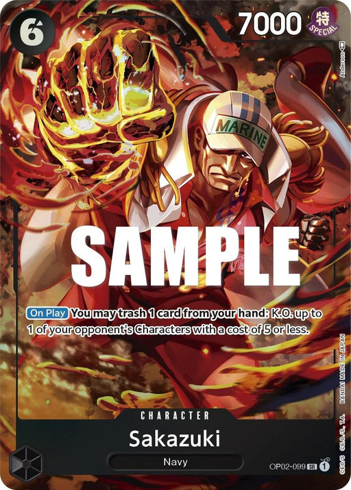 A Bandai Sakazuki (Alternate Art) [Paramount War] trading card featuring Sakazuki from the "One Piece" universe. In a powerful pose engulfed in flames, Sakazuki wears a cap with "Marine" inscribed on it. The character card has a cost of 6, power of 7000, and an ability to KO opponent's characters with a cost of 5 or less.
