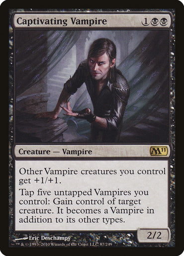 Magic: The Gathering's Captivating Vampire card from Magic 2011 showcases a vampire in a dark room with metallic walls, wearing a dark shirt and captivating the viewer with an intense gaze. The accompanying text describes game mechanics for enhancing and controlling vampire creatures.