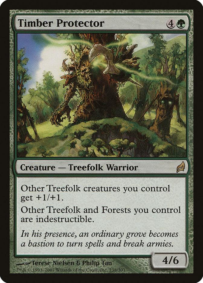 A Magic: The Gathering card titled "Timber Protector [Lorwyn]" costs four generic and one green mana. This 4/6 Treefolk Warrior creature grants +1/+1 to other Treefolk creatures you control, rendering them, along with your Forests, indestructible.