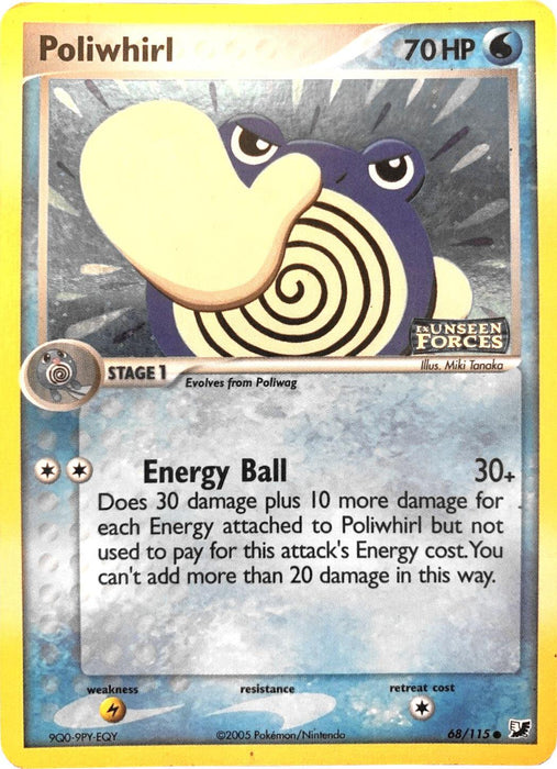 A Poliwhirl Pokémon card from the EX: Unseen Forces set, numbered 68/115. Featuring a Stage 1 blue-bordered card with yellow edges, it showcases Poliwhirl's swirl-patterned belly. The card has 70 HP along with a Water-type symbol and includes the Energy Ball attack that requires 3 energy and deals 30+ damage.