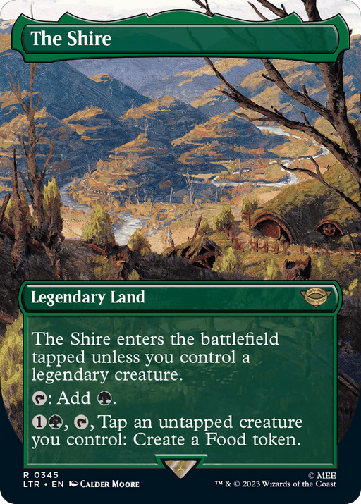 A Magic: The Gathering card named "The Shire (Borderless Alternate Art) [The Lord of the Rings: Tales of Middle-Earth]." It depicts a picturesque, lush landscape with small hobbit homes nestled in green hills. This Legendary Land, inspired by The Lord of the Rings, enters tapped unless you control a legendary creature and offers abilities to add Green mana or create Food tokens.