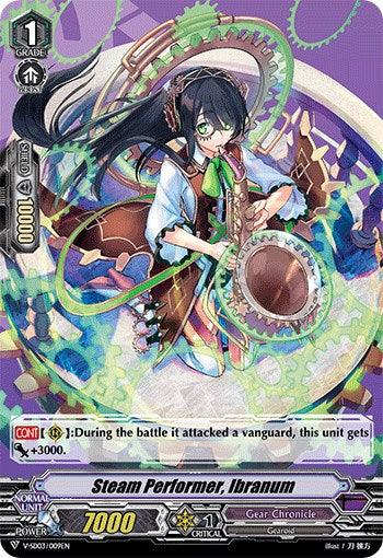 A fantasy-themed trading card titled "Steam Performer, Ibranum (V-SD03/009EN)" from the 2020 Demo Deck "Gear Chronicle" by Bushiroad. The card features an anime-style character with dark hair and glasses, wearing a blue outfit, playing a guitar surrounded by gears and colorful swirls. Part of Gear Chronicle in the Dark Zone, it boasts a power of 7000, grade 1, and 1 critical.