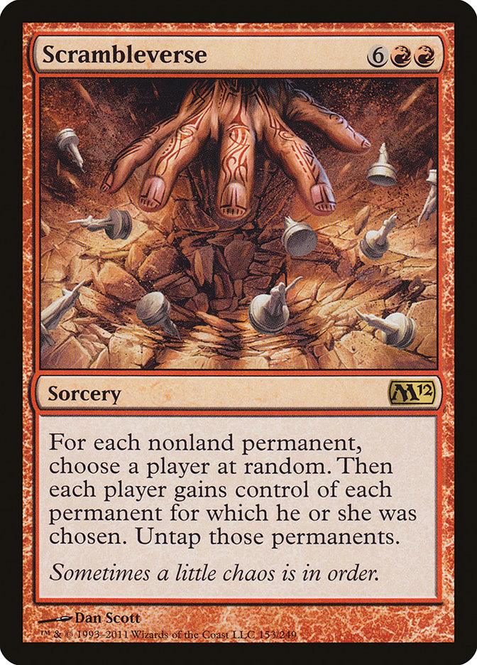 The Magic: The Gathering card "Scrambleverse" from Magic 2012 is a rare sorcery depicting a hand among scattered objects. It has red borders and costs 6 generic plus 2 red mana, bringing random control over permanents, with the flavor text: "Sometimes a little chaos is in order.