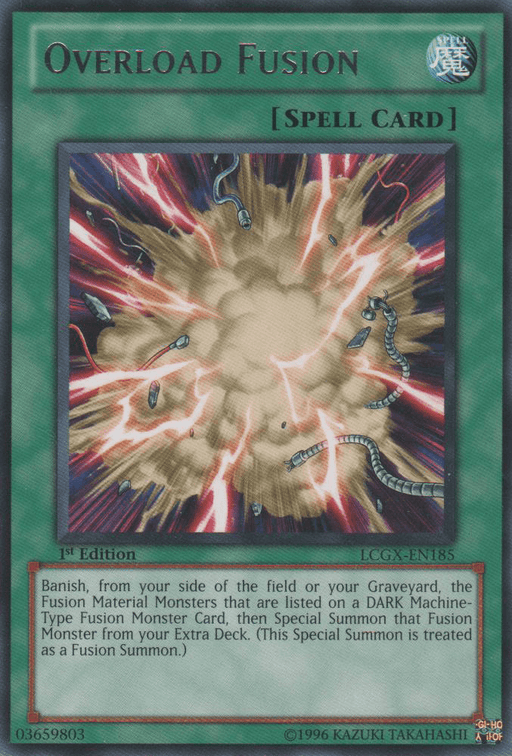 A Yu-Gi-Oh! trading card titled "Overload Fusion [LCGX-EN185] Rare" from Legendary Collection 2. It is a Spell Card featuring an explosive burst with metallic parts and wires scattering. The card's text describes its function: banish required Fusion Material Monsters to special summon a DARK Machine-Type Fusion Monster.