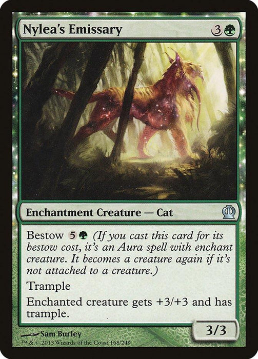 A Magic: The Gathering product titled "Nylea's Emissary [Theros]" from the Magic: The Gathering brand. It shows a majestic, ethereal cat with a lion-like mane and sparkling, starry body. Details: Cost 3G, Enchantment Creature - Cat, 3/3 power/toughness, Bestow 5G, Trample; enchanted creature gets +3/+3 and has