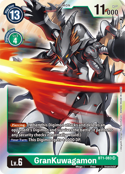 The image displays a GranKuwagamon [BT1-083] card from the Digimon Release Special Booster Ver.1.5 series. This Super Rare card features an imposing insectoid creature clad in red and black metallic armor with sharp claws, highlighting its impressive stats: a play cost of 13, 11,000 DP, Level 6, and a Digivolve cost of 4. It also showcases the Piercing ability.