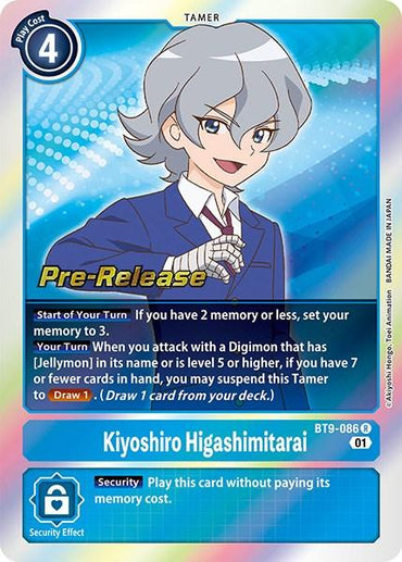 The Kiyoshiro Higashimitarai [BT9-086] [X Record Pre-Release Promos] trading card for the game Digimon features a gray-haired Tamer named Kiyoshiro Higashimitarai. This card, with a Play Cost of 4, contains specific in-game instructions for utilizing his abilities and showcases visual elements in blue and text in yellow and white.