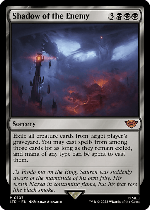 The image is of a *Magic: The Gathering* card named "Shadow of the Enemy [The Lord of the Rings: Tales of Middle-Earth]," from the *Mythic* set. Costing 3 black and 3 generic mana, it features a dark tower with fiery skies. It exiles all creature cards from a target player's graveyard, letting you cast them while ex