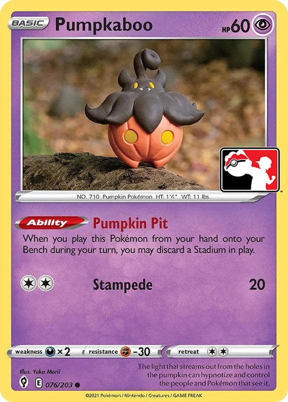 A Pokémon card depicting Pumpkaboo (076/203) [Prize Pack Series One], a ghost and grass type from Pokémon. Pumpkaboo has 60 HP and features an ability called 