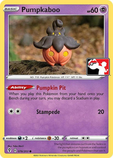 A Pokémon card depicting Pumpkaboo (076/203) [Prize Pack Series One], a ghost and grass type from Pokémon. Pumpkaboo has 60 HP and features an ability called "Pumpkin Pit" and an attack called "Stampede" that deals 20 damage. The card's background is a gradient purple with a stylized Pumpkaboo image and game-related symbols.