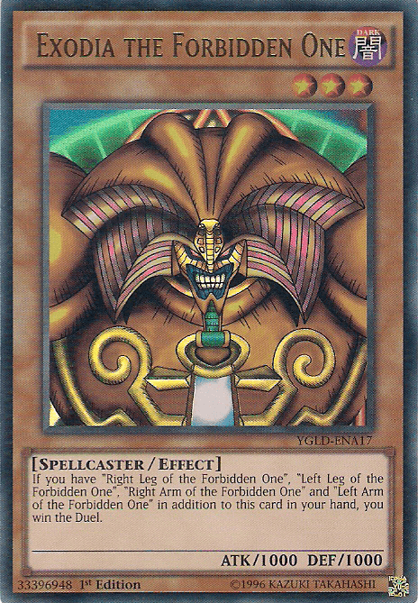 A Yu-Gi-Oh! card named "Exodia the Forbidden One [YGLD-ENA17] Ultra Rare" from Yugi's Legendary Decks, featuring a golden, muscular, headless being with its arms and legs chained. This Ultra Rare Spellcaster/Effect monster boasts 1000 ATK and DEF. Assembling all five pieces of Exodia results in an automatic victory.