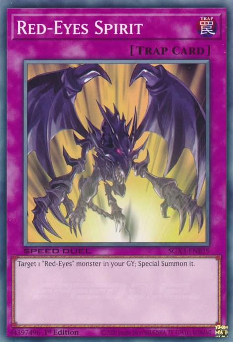 A "Yu-Gi-Oh!" trading card titled "Red-Eyes Spirit [SGX3-ENB19] Common," available in Speed Duel GX. It is a Normal Trap Card with purple borders. The card's image features a dragon with black scales and red eyes emerging from a purple vortex. The card text reads: "Target 1 'Red-Eyes' monster in your GY; Special Summon it.