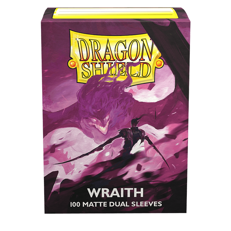 The image shows a box of Dragon Shield: Standard 100ct Sleeves - Wraith (Dual Matte) from Arcane Tinmen. The packaging features fantasy artwork with a menacing purple wraith and a dark, cloaked figure wielding a sword. The text reads 