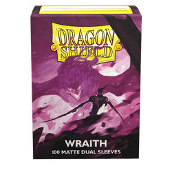 The image shows a box of Dragon Shield: Standard 100ct Sleeves - Wraith (Dual Matte) from Arcane Tinmen. The packaging features fantasy artwork with a menacing purple wraith and a dark, cloaked figure wielding a sword. The text reads "DRAGON SHIELD" at the top, with "WRAITH" and "100 MATTE DUAL SLEEVES" below the artwork, perfect for TCGs.