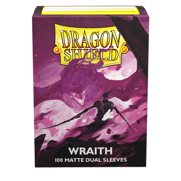 The image shows a box of Dragon Shield: Standard 100ct Sleeves - Wraith (Dual Matte) from Arcane Tinmen. The packaging features fantasy artwork with a menacing purple wraith and a dark, cloaked figure wielding a sword. The text reads "DRAGON SHIELD" at the top, with "WRAITH" and "100 MATTE DUAL SLEEVES" below the artwork, perfect for TCGs.