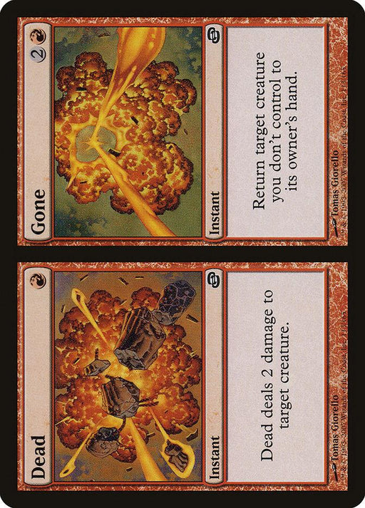 A split Magic: The Gathering card from Planar Chaos, named Dead // Gone [Planar Chaos]. The "Dead" half shows an explosion with mechanical parts scattered, dealing 2 damage to a target creature. The "Gone" half also depicts an explosion, illustrating the return of a target creature to its owner's hand.