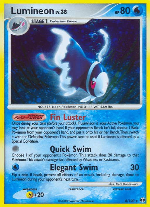 A Pokémon card from the Diamond & Pearl series featuring Lumineon (4/100) [Diamond & Pearl: Stormfront] by Pokémon, a fish-like Water creature. It has 80 HP and is a Stage 1 evolution from Finneon. The card, part of the Stormfront set, has a blue border and background. Lumineon appears mid-swim with glowing fins. Attacks include "Quick Swim" and "Elegant Swim." Weakness to