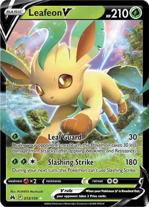 A Pokémon trading card featuring Leafeon V (013/159) [Sword & Shield: Crown Zenith] from the Pokémon series. Leafeon is portrayed as a yellow, fox-like creature with large green-leaf ears. The Ultra Rare card's artwork shows Leafeon leaping forward in a forest setting. The card details its stats: HP 210, "Leaf Guard" (30 damage) and "Slashing Strike" (180 damage).